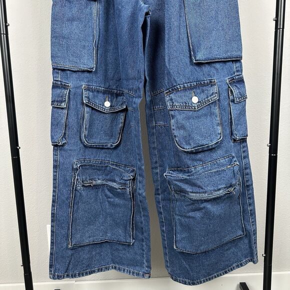 Fashion Nova Blue Jeans Size 13 High Rise Cargo Baggy Loose Y2K 90s Aesthetic - Picture 3 of 14